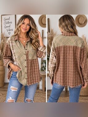 Rewind Patchwork Plaid Button-Down Shirt — Olive & Brown